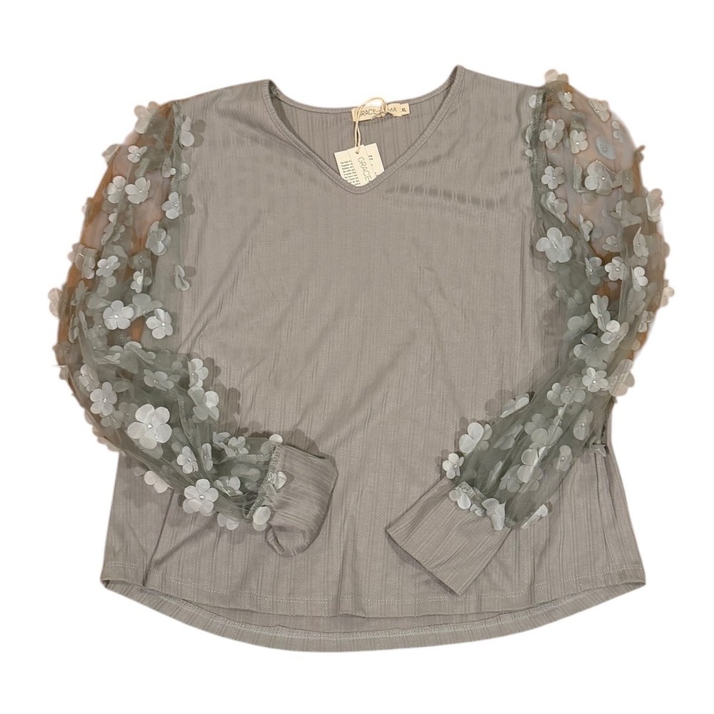Grace+Emma Gray Ribbed V-Neck Top 3D Floral Mesh Sleeve XL NWT Whimsicore Fairy‎